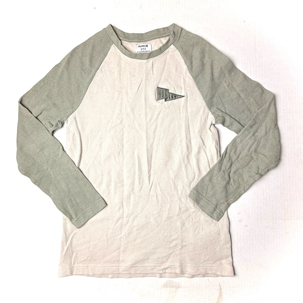 Vintage Hurley‎ Shirt Mens Small Cream Green Long Sleeve Waffle Knit Thermal Tee